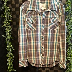 BKE Men's Western Plaid Button-Down Shirt in Blue and Brown